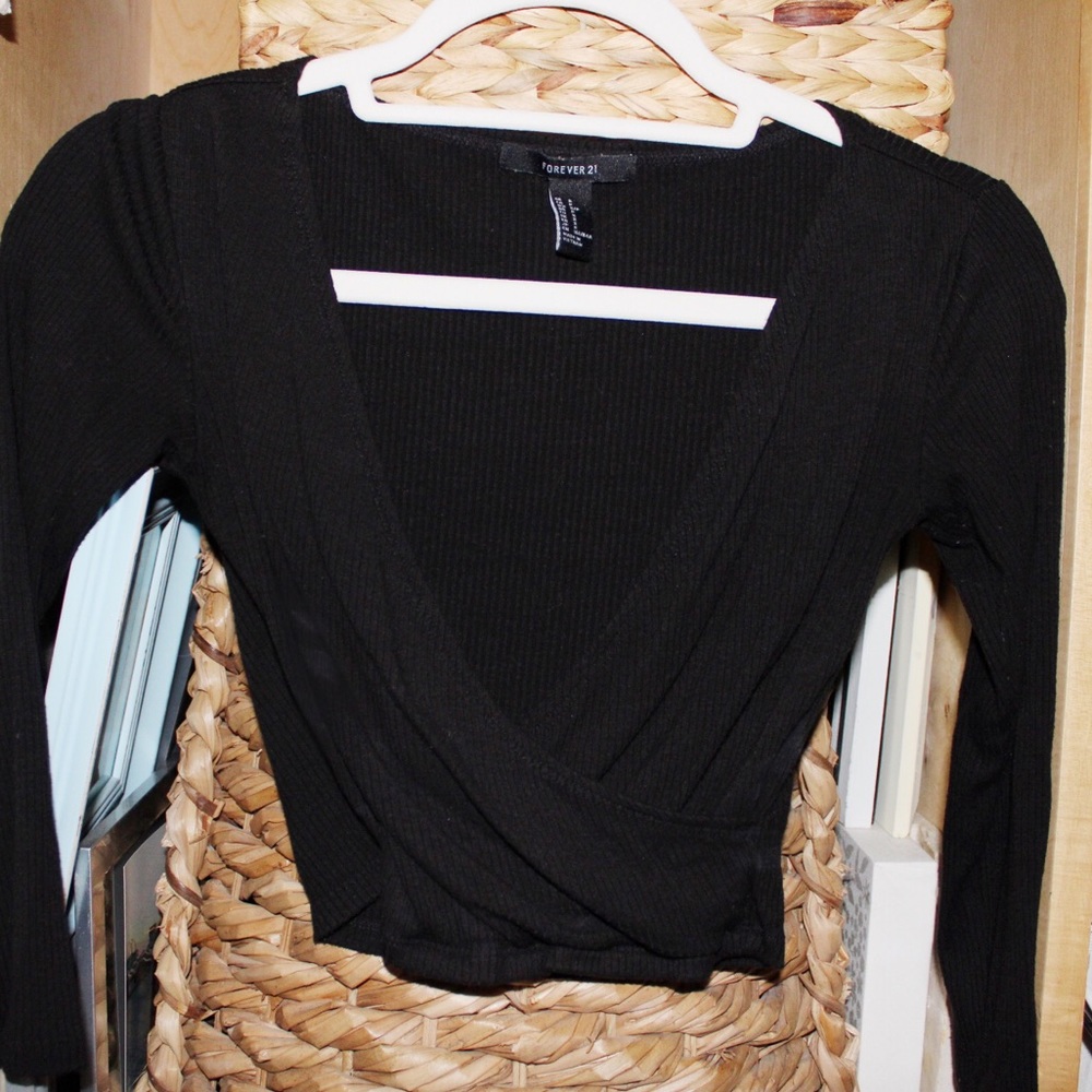 Forever 21 Black Cross long sleeve cropped top
